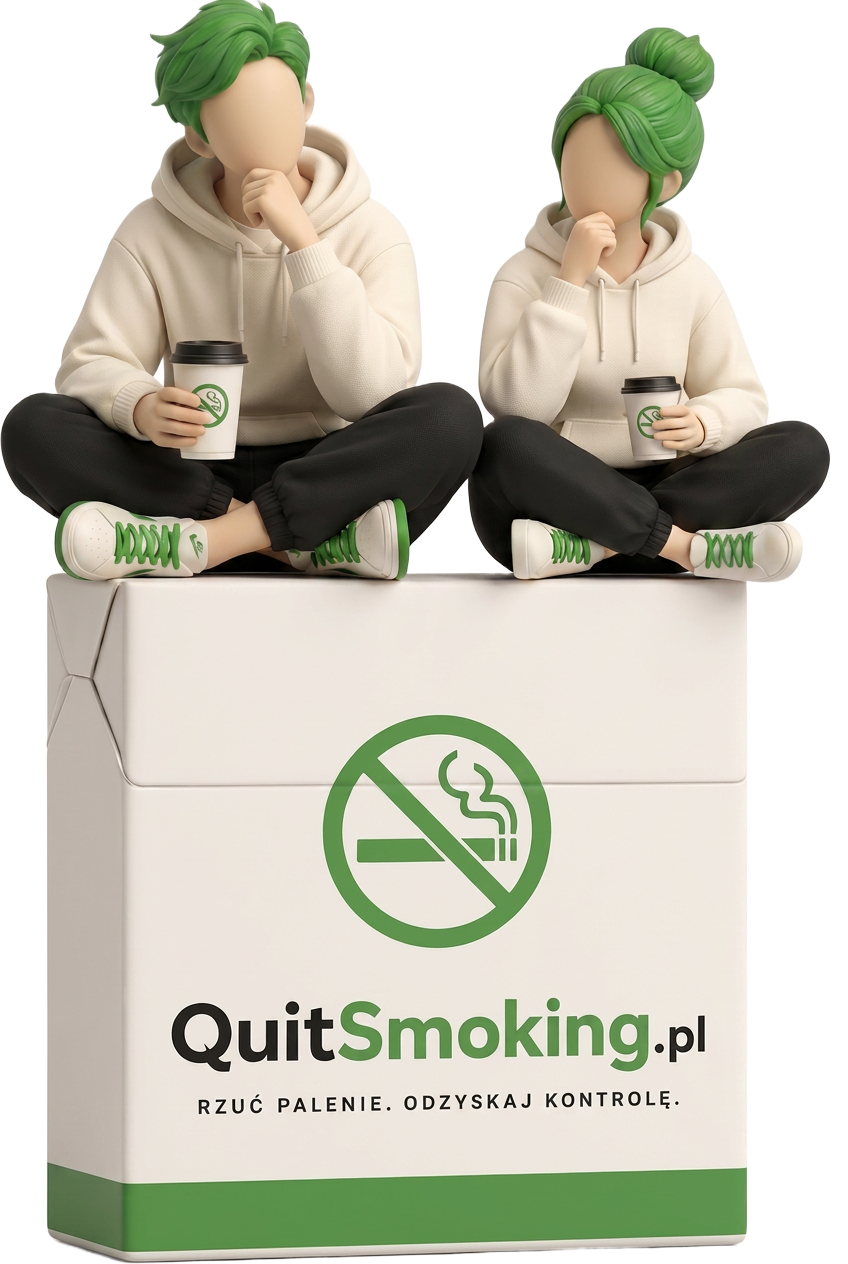 Ilustracja 3D: osoba siedząca na wielkiej paczce QuitSmoking.pl
